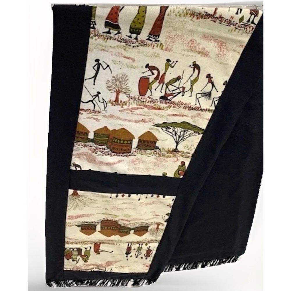 VTG Folk Art Table Runner Black Brown Fringe Tribal Village Batik Boho 70x15 MCM